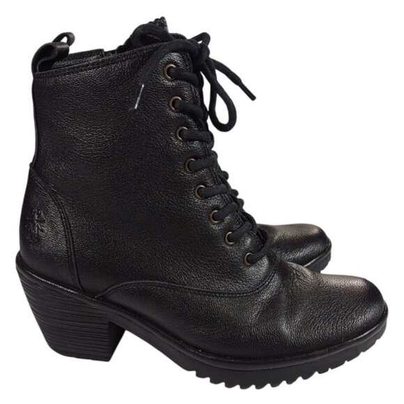 Fly London Lace Up Wune Ankle Boots Black Pebbled Chunky Victorian Boots Sz 8 W - Picture 1 of 7